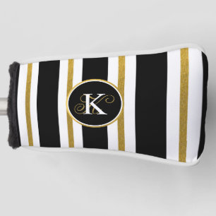Personalized Elegant Black & Gold Stripes Monogram Golf Head Cover