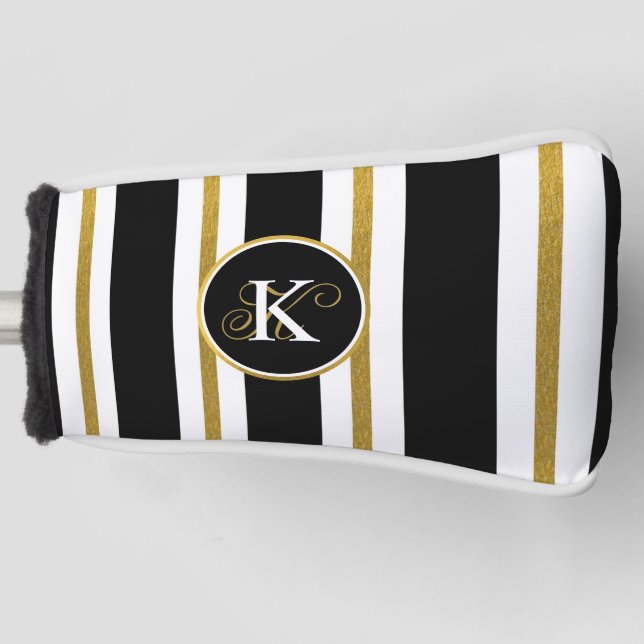 Personalized Elegant Black & Gold Stripes Monogram Golf Head Cover (Front)