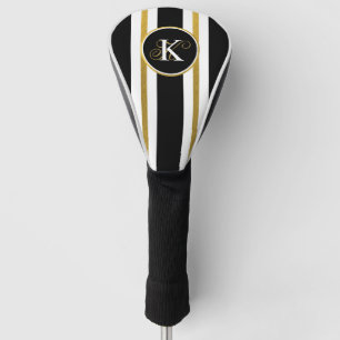 Personalized Elegant Black & Gold Stripes Monogram Golf Head Cover