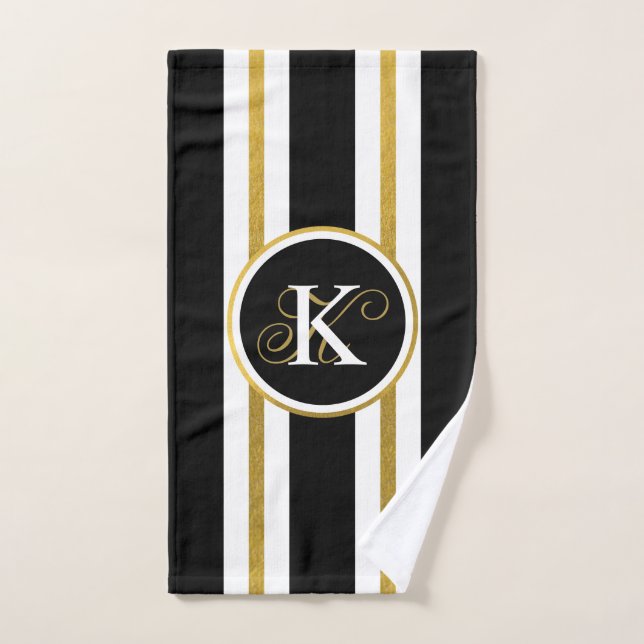 Personalized Elegant Black & Gold Stripes Monogram Hand Towel (Hand Towel)