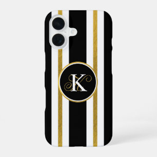 Personalized Elegant Black & Gold Stripes Monogram iPhone 16 Case