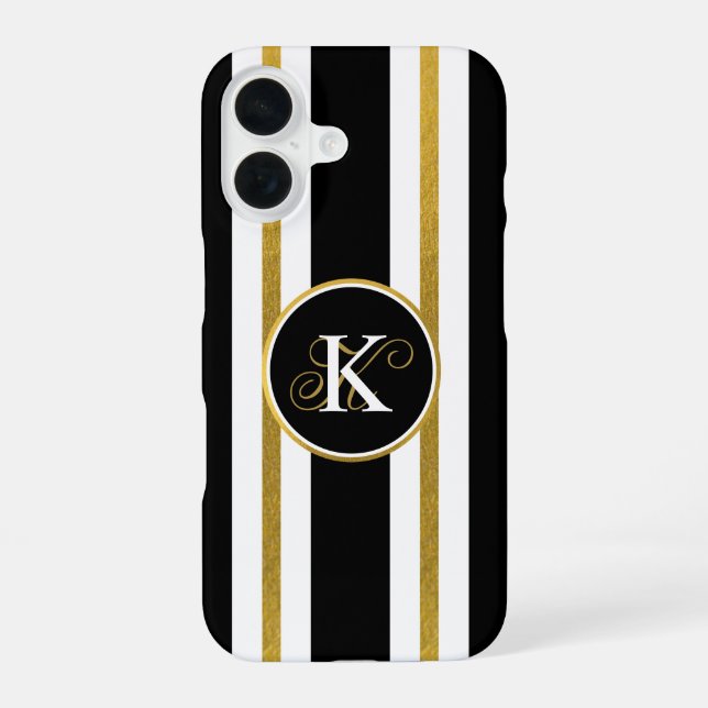 Personalized Elegant Black & Gold Stripes Monogram iPhone 16 Case (Back)