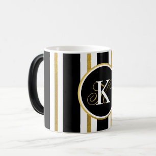 Personalized Elegant Black & Gold Stripes Monogram Magic Mug