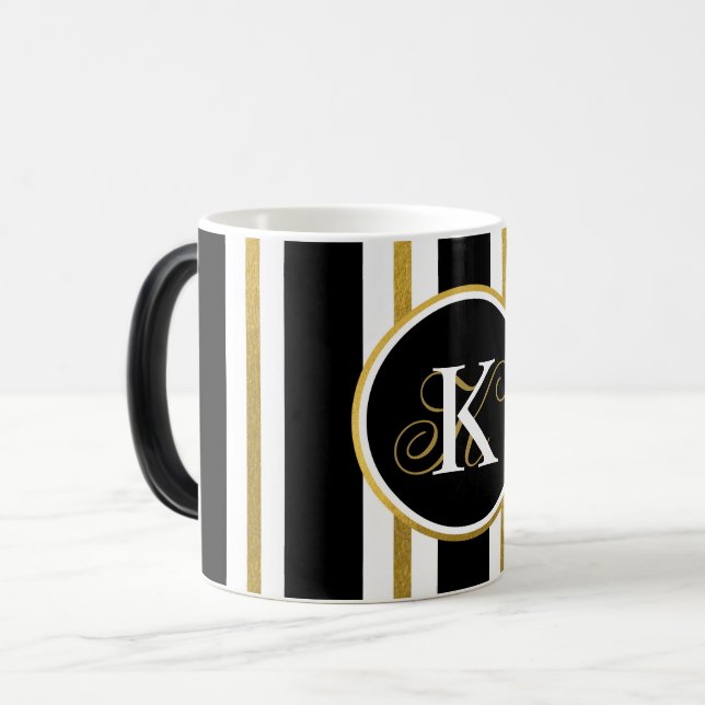 Personalized Elegant Black & Gold Stripes Monogram Magic Mug (Front Left)