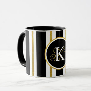 Personalized Elegant Black & Gold Stripes Monogram Mug