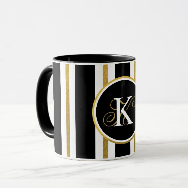 Personalized Elegant Black & Gold Stripes Monogram Mug (Front Left)
