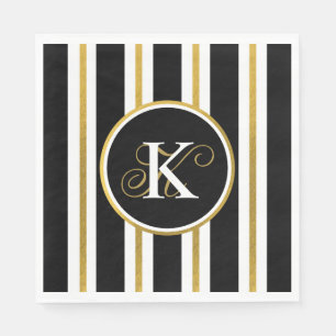 Personalized Elegant Black & Gold Stripes Monogram Napkin
