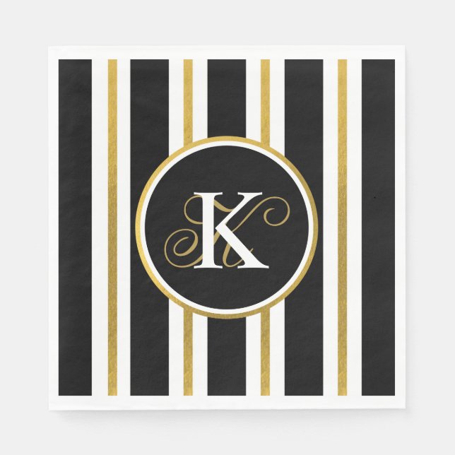 Personalized Elegant Black & Gold Stripes Monogram Napkin (Front)