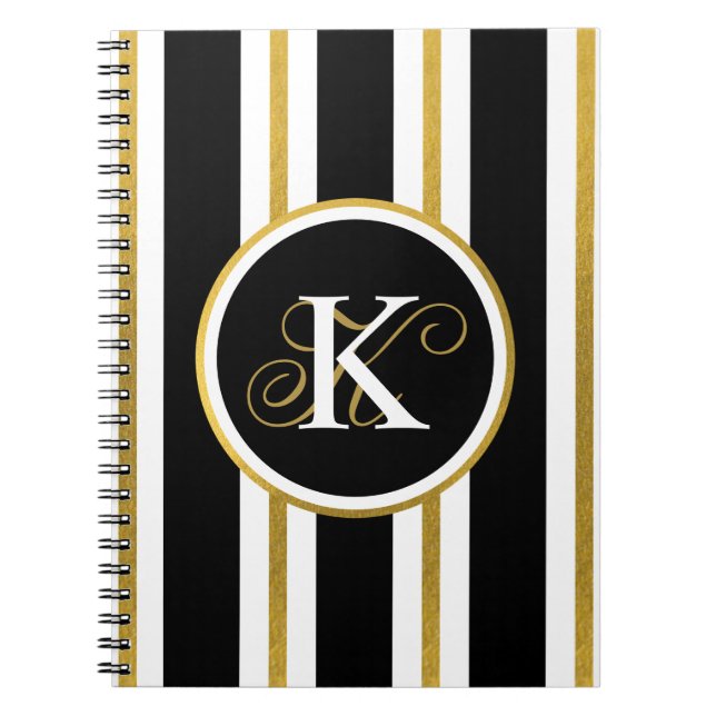 Personalized Elegant Black & Gold Stripes Monogram Notebook (Front)