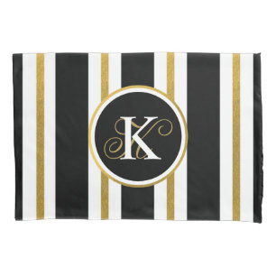 Personalized Elegant Black & Gold Stripes Monogram Pillowcase