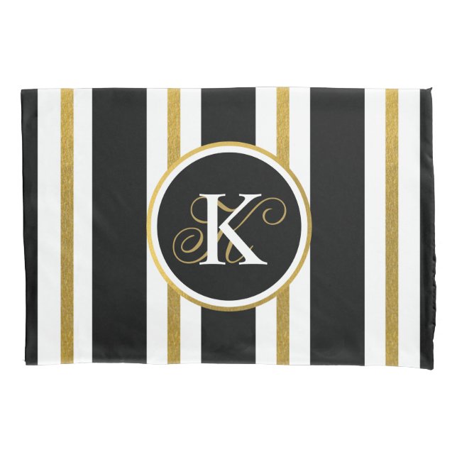 Personalized Elegant Black & Gold Stripes Monogram Pillowcase (Front)
