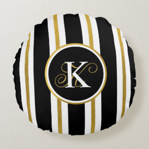 Personalized Elegant Black & Gold Stripes Monogram Round Pillow