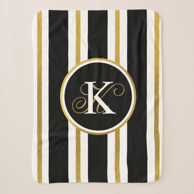 Personalized Elegant Black & Gold Stripes Monogram Sherpa Blanket (Front)