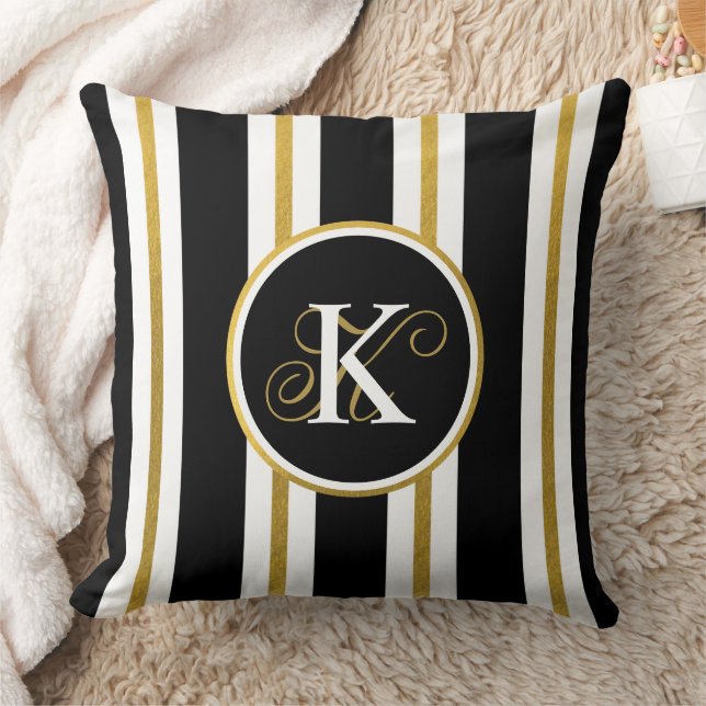 Personalized Elegant Black & Gold Stripes Monogram Throw Pillow (Blanket)