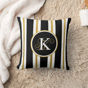 Personalized Elegant Black & Gold Stripes Monogram Throw Pillow