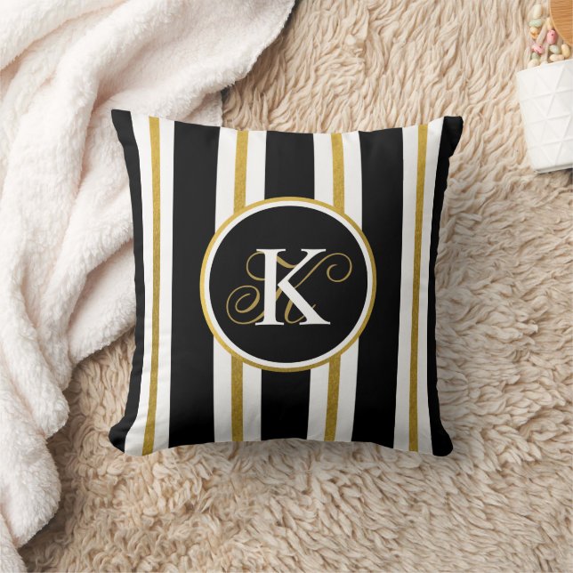 Personalized Elegant Black & Gold Stripes Monogram Throw Pillow (Blanket)