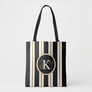 Personalized Elegant Black & Gold Stripes Monogram Tote Bag