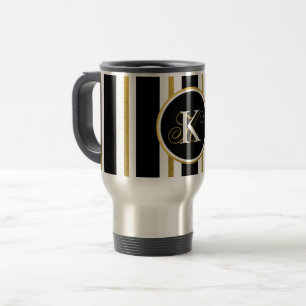 Personalized Elegant Black & Gold Stripes Monogram Travel Mug