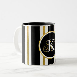 Personalized Elegant Black & Gold Stripes Monogram Two-Tone Coffee Mug