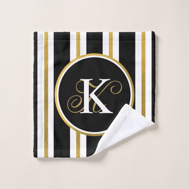 Personalized Elegant Black & Gold Stripes Monogram Wash Cloth (Wash Cloth)