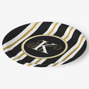 Personalized Elegant Black & Gold Stripes Paper Plate