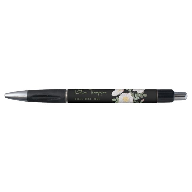 Personalized Elegant Black & Green Floral Pen (Front)