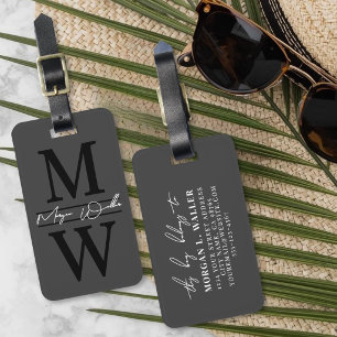 Personalized Elegant Black Grey Monogram Luggage Tag