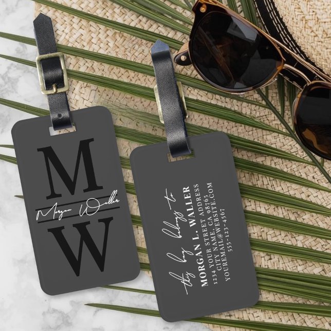 Personalized Elegant Black Grey Monogram Luggage Tag (Elegant Monogram Name Luggage Tag)