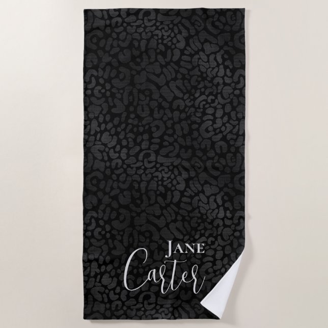 Personalized Elegant Black Leopard Beach Towel (Front)
