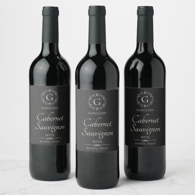 Personalized Elegant Black  Monogrammed Wine Label (Bottles)