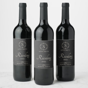 Personalized Elegant Black  Monogrammed Wine Label