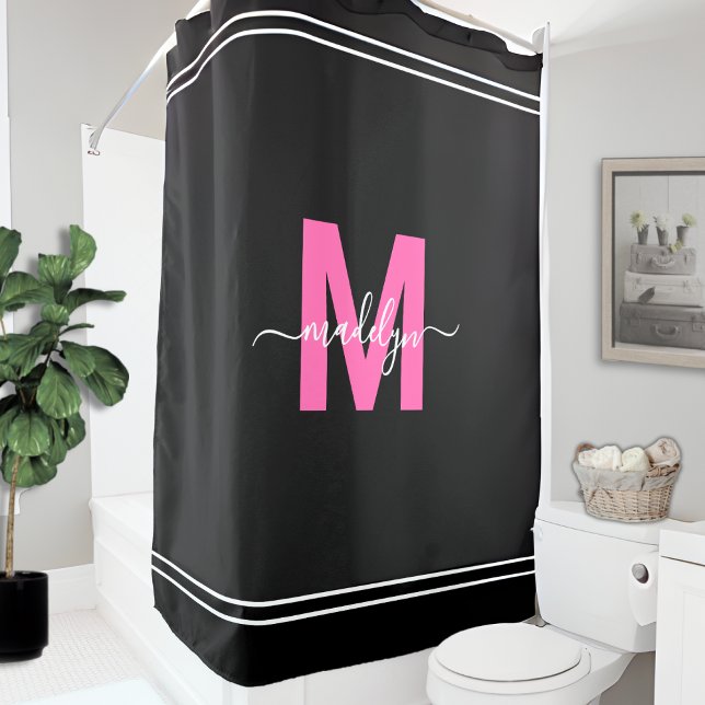 Personalized Elegant Black Pink Name Monogram (Personalized Elegant Black Pink Name Monogram Shower Curtain )