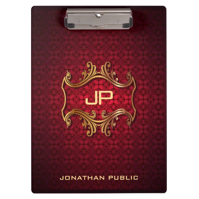 Personalized Elegant Black Red Damask Monogram Clipboard (Front)