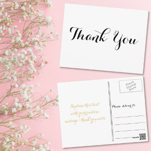Personalized Elegant Black Script White Thank You Postcard