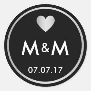 Personalized Elegant Black Silver & Heart Wedding Classic Round Sticker