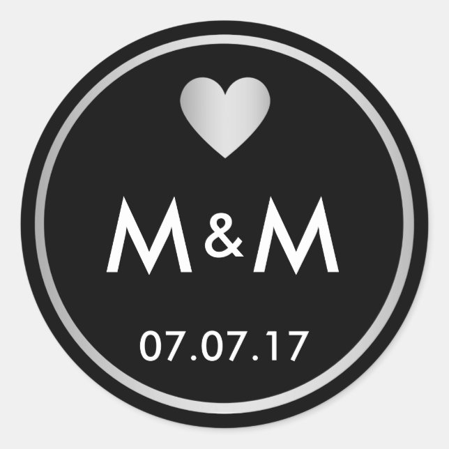 Personalized Elegant Black Silver & Heart Wedding Classic Round Sticker (Front)