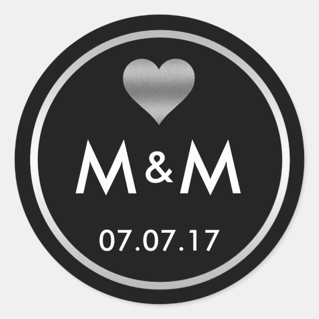 Personalized Elegant Black Silver Heart Wedding Classic Round Sticker (Front)