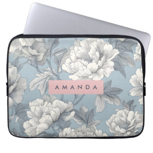 Personalized Elegant Blue and Cream Peony Floral  Laptop Sleeve