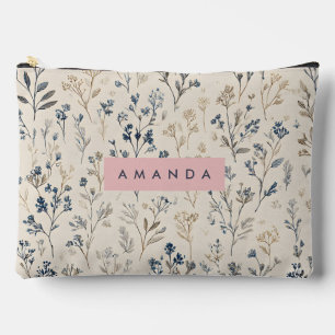 Personalized Elegant Blue & Beige Wildflower Accessory Pouch