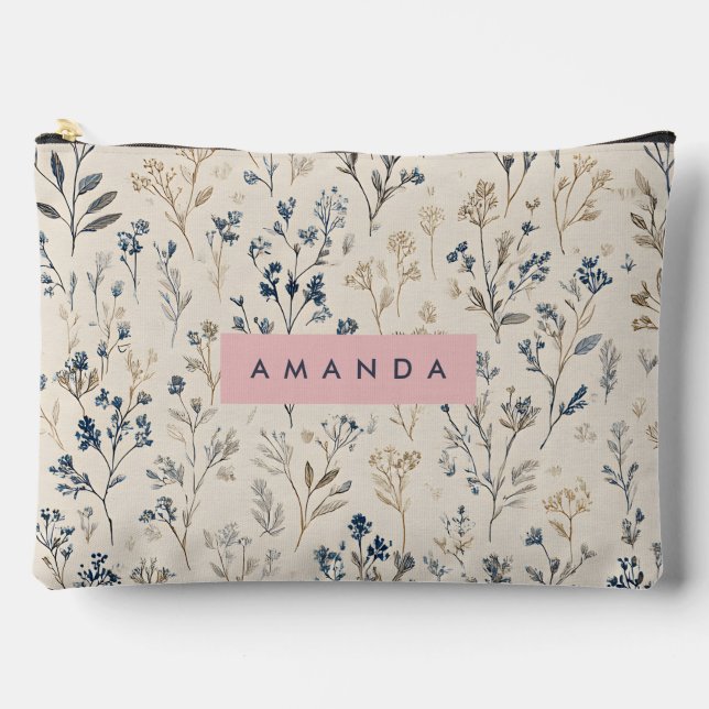 Personalized Elegant Blue & Beige Wildflower Accessory Pouch (Front)