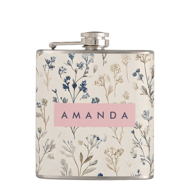 Personalized Elegant Blue & Beige Wildflower Hip Flask (Front)