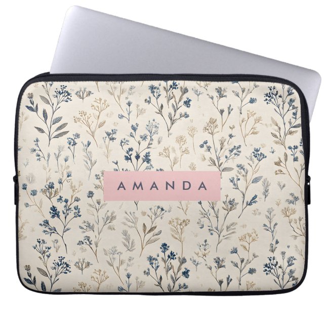 Personalized Elegant Blue & Beige Wildflower Laptop Sleeve (Front)