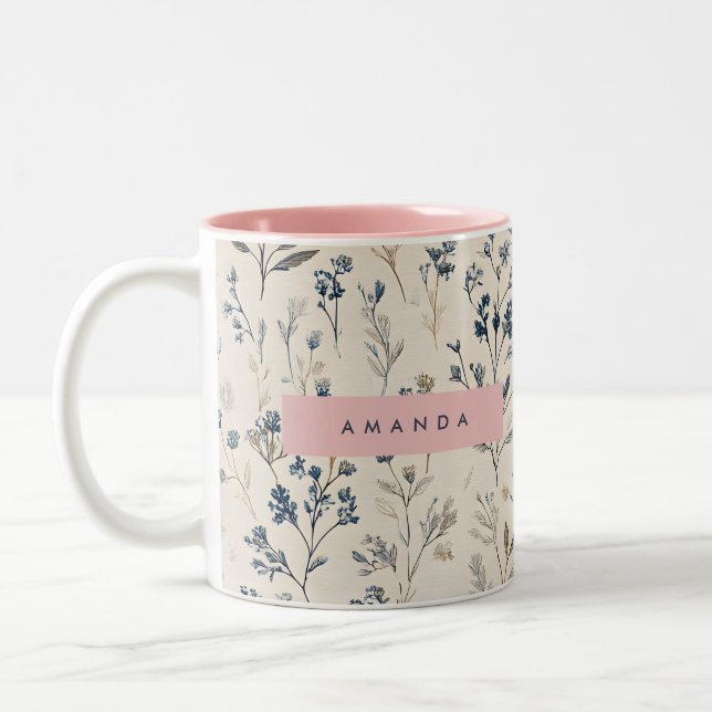 Personalized Elegant Blue & Beige Wildflower Two-Tone Coffee Mug (Left)