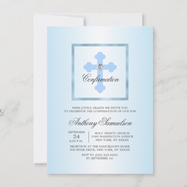 Personalized Elegant Blue Cross Confirmation BOY Invitation (Front)