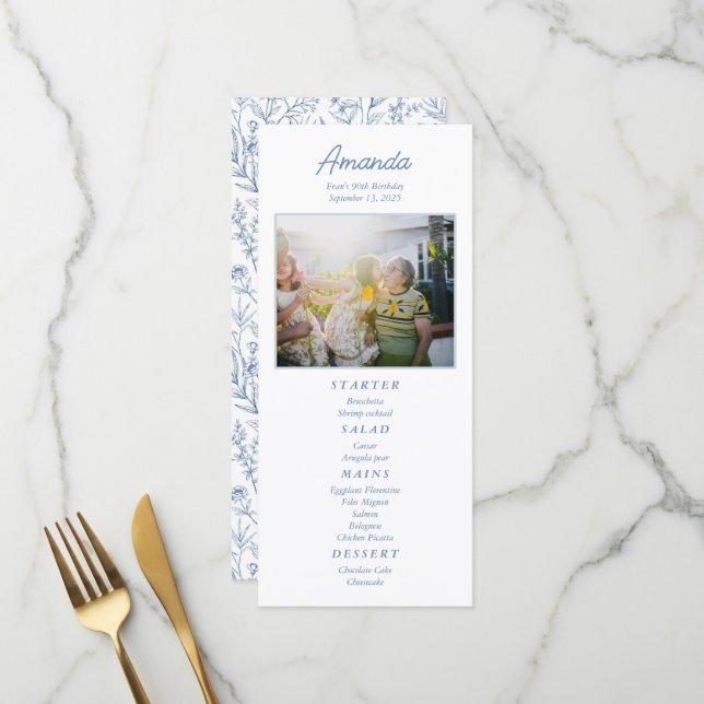 Personalized Elegant Blue Floral Birthday Menu (Front/Back In Situ)