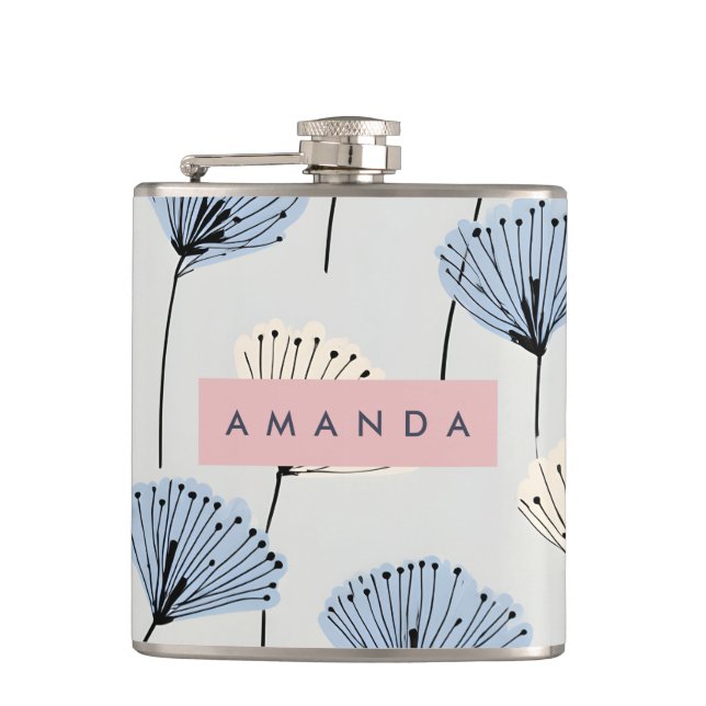 Personalized Elegant Blue Flower Illustration Hip Flask (Front)