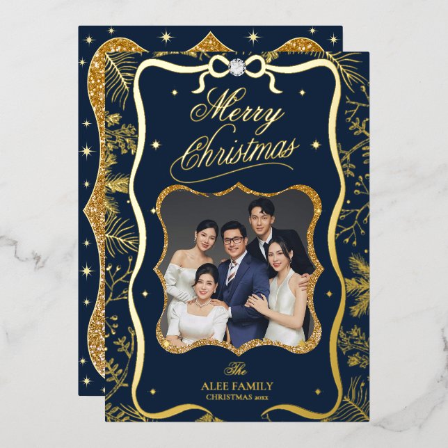 Personalized Elegant Blue Foil Christmas Card (Front/Back)
