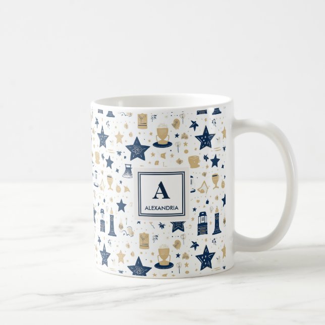 Personalized Elegant Blue & Gold Stars Pattern(12) Coffee Mug (Right)