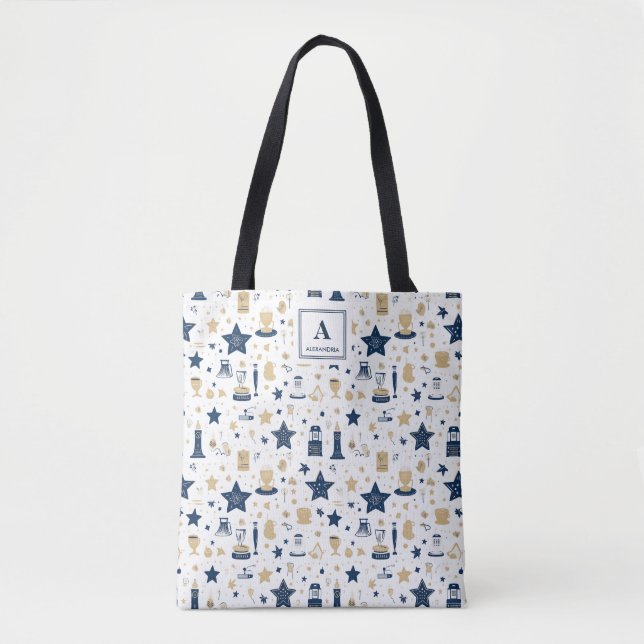 Personalized Elegant Blue & Gold Stars Pattern(12) Tote Bag (Front)