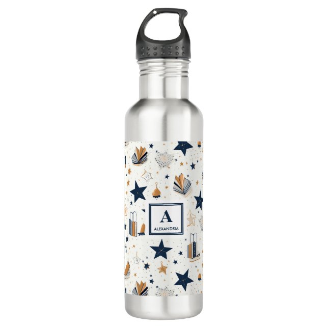 Personalized Elegant Blue & Gold Stars Pattern (1) 710 Ml Water Bottle (Front)